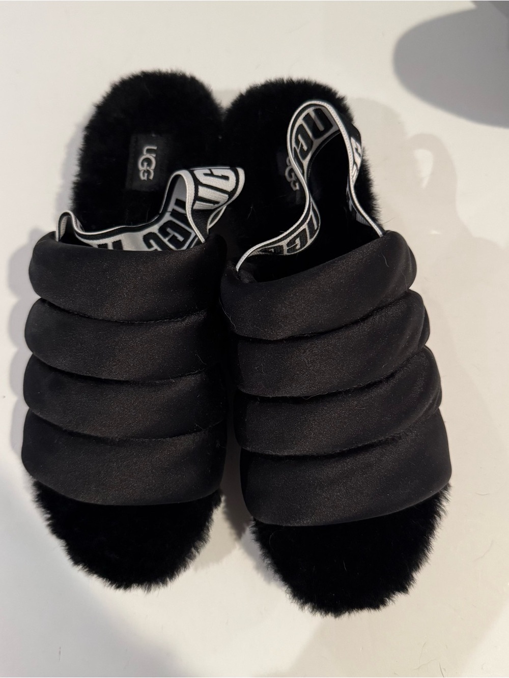UGG Black Quilted Puffy Slide Slippers with Logo Strap